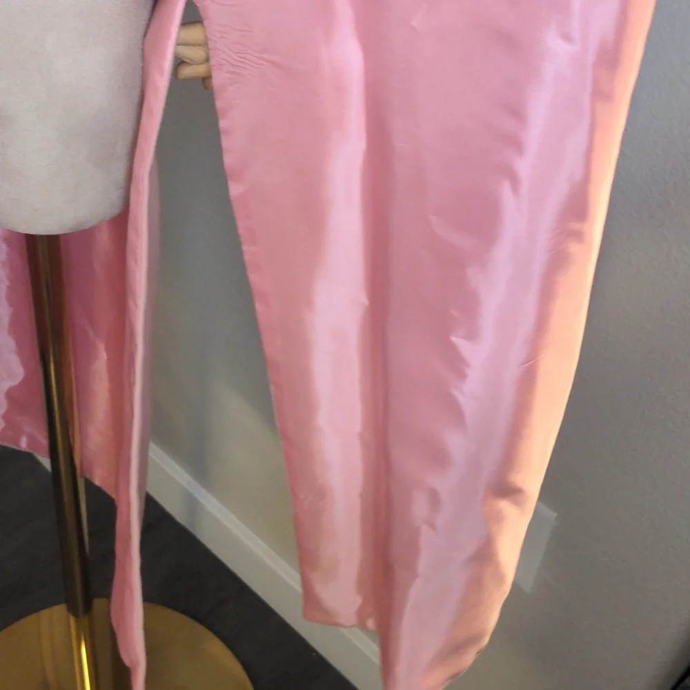 Vintage 60s Long Pink Duster Elegant Dress Jacket Velure Satin W/ Brooch SZ Lrg - Picture 8 of 10